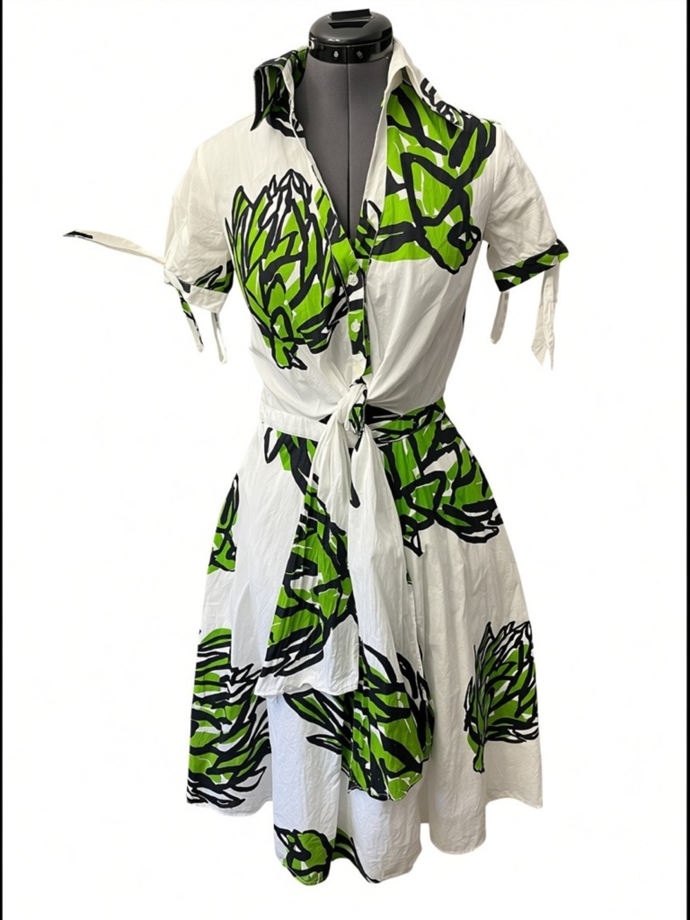 Diane Von Furstenberg White Dress with Green & Black Leaf Print